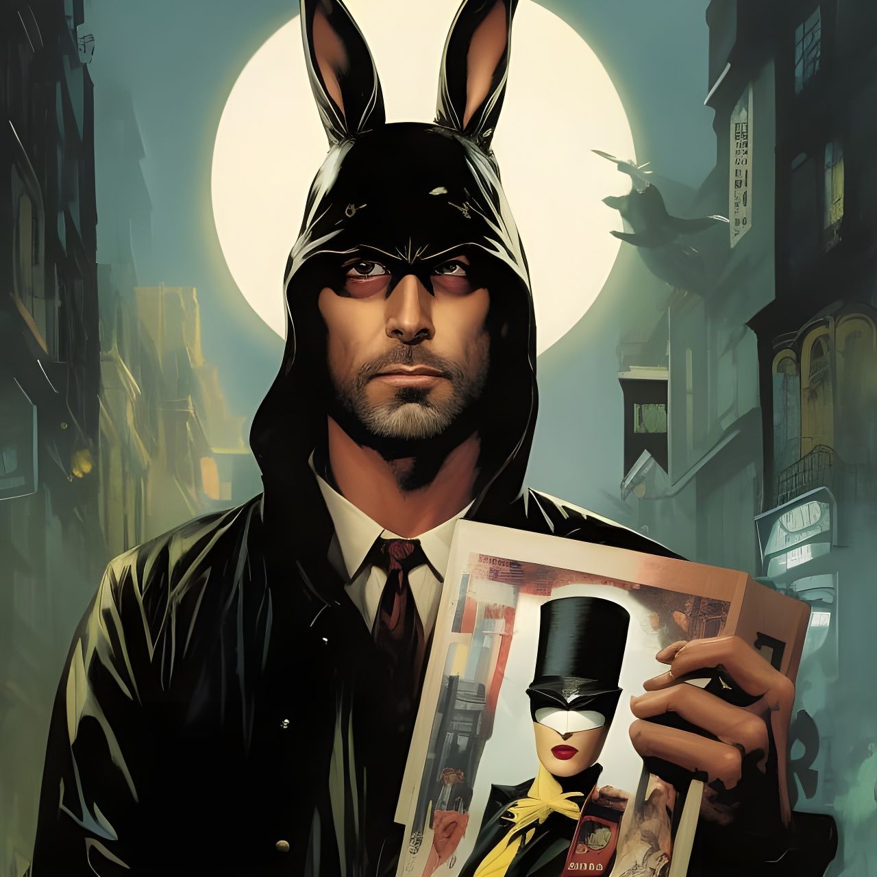 Hyperrealistic Bunny Inspector Portrait with Masked Woman