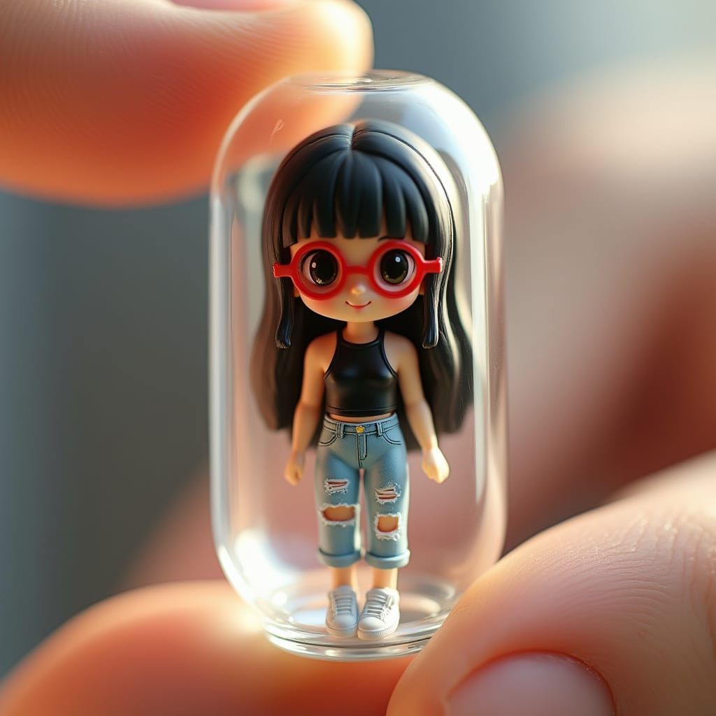 Delicate Glass Capsule Holds Chibi Girl in Cyberpunk Style
