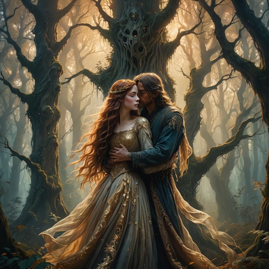 Woman Embracing Ghostly Figure in Dreamlike Forest