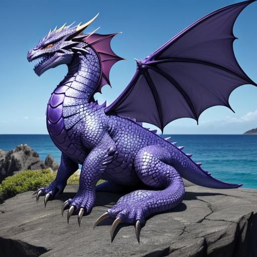 Purple Dragon on Ocean Rock: Realistic Detail