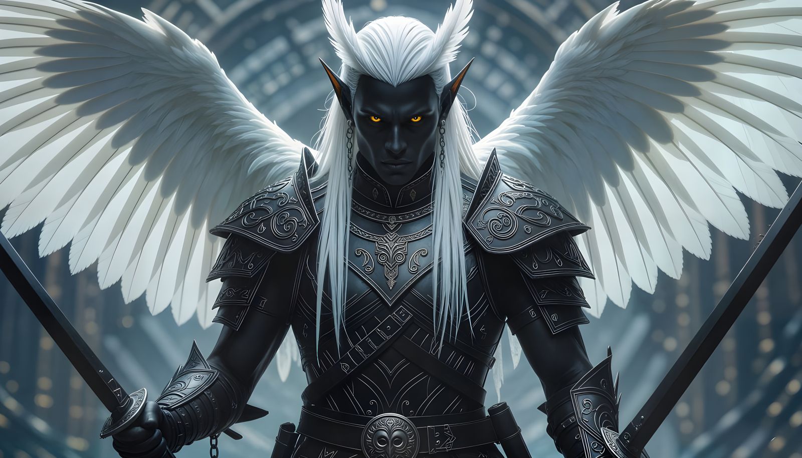 Elf Warrior with Flaming Hair and Owl Wings