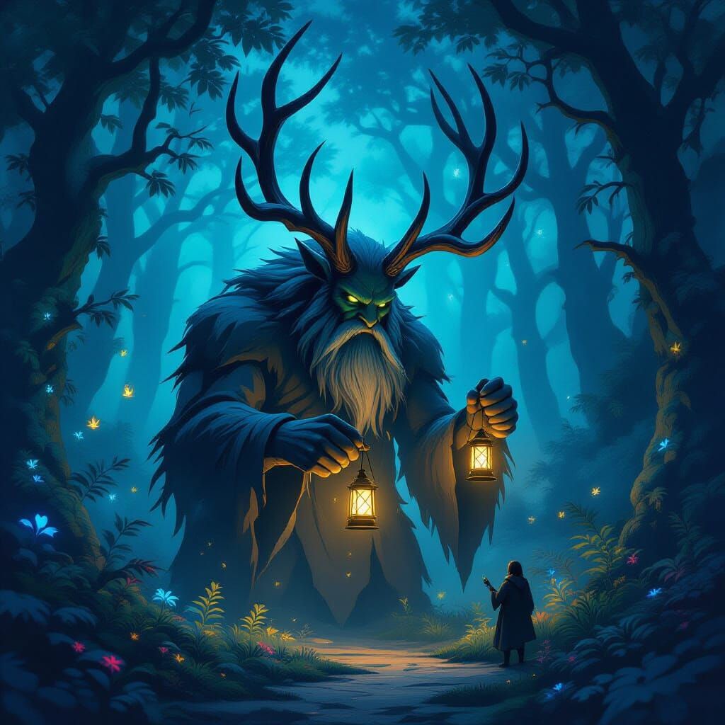 Antlered Giant Lights Lanterns in Enchanted Forest