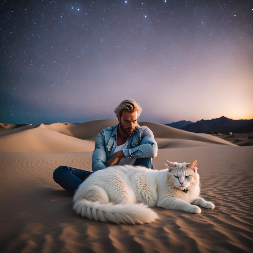 Man and Cat Sleeping in Desert Landscape