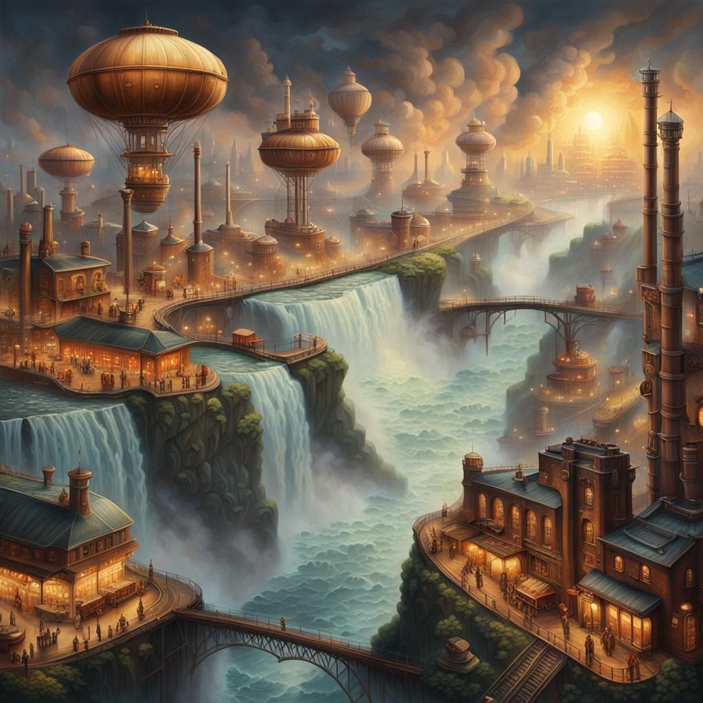 Steampunk Cityscape at Niagara Falls in Oil Painting