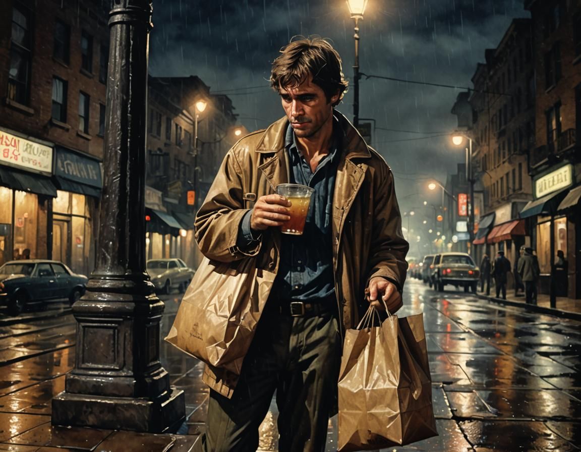 Drunken Man Under City Lights in Watercolor Style