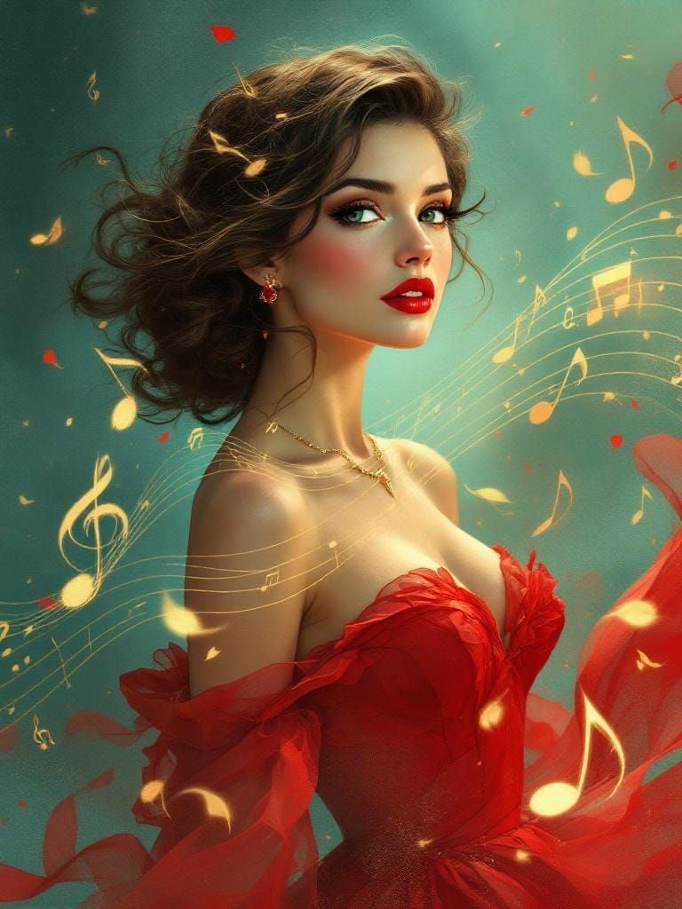 Pin-Up Woman in Musical Symphony, Impressionist Style