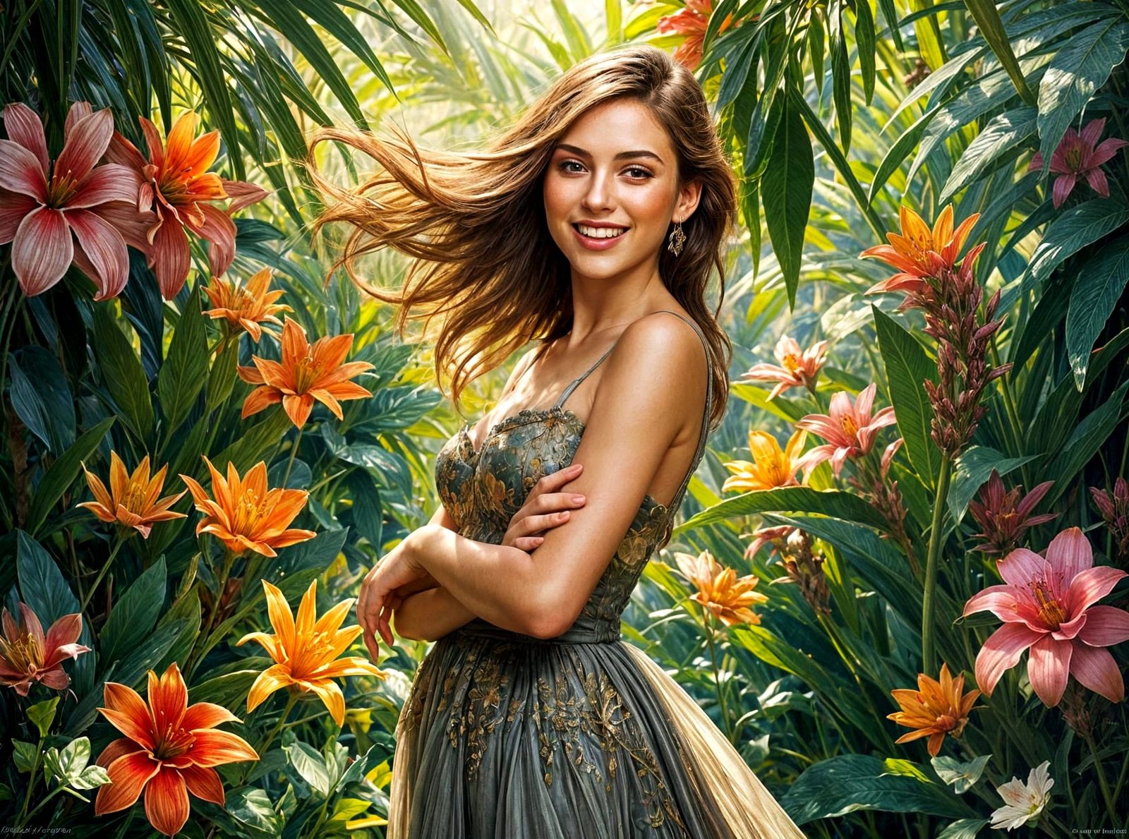 Beautiful Woman in Garden, Impasto Oil Painting