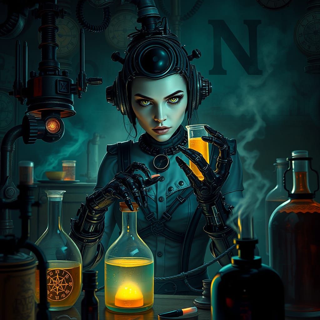 Gothic Cyborg Alchemist in Dark Fantasy Laboratory