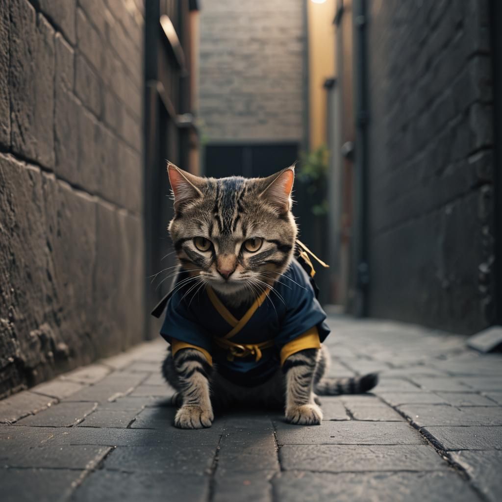 Ninja Cat Crouching in Dark Alleyway: Cinematic Still