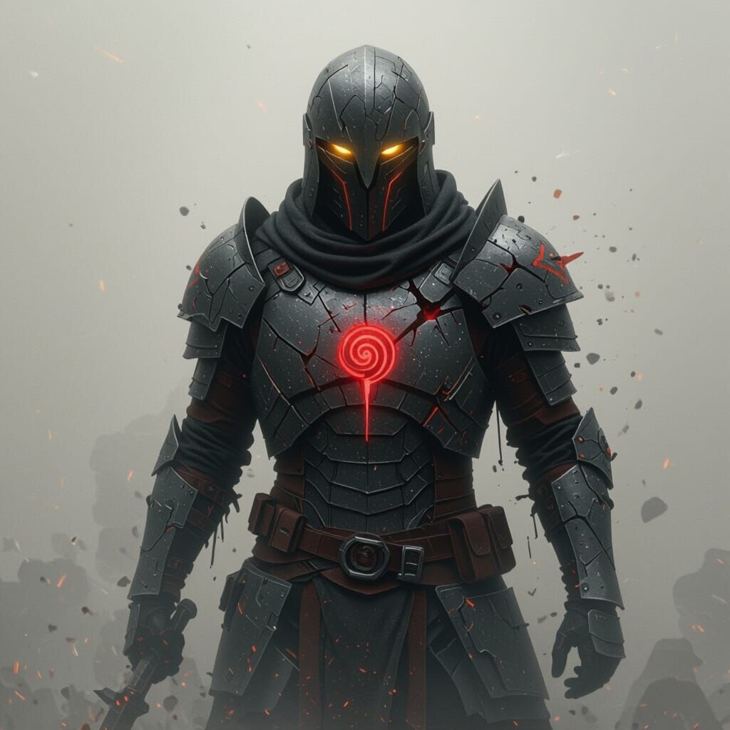 Spectral Warrior in Dystopian Landscape