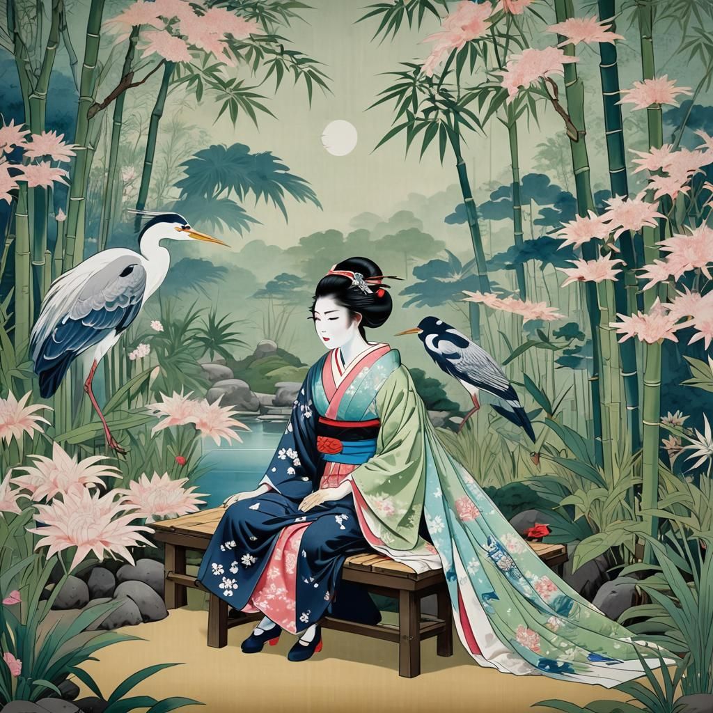 Geisha in Japanese Garden, Ukiyo-e Style