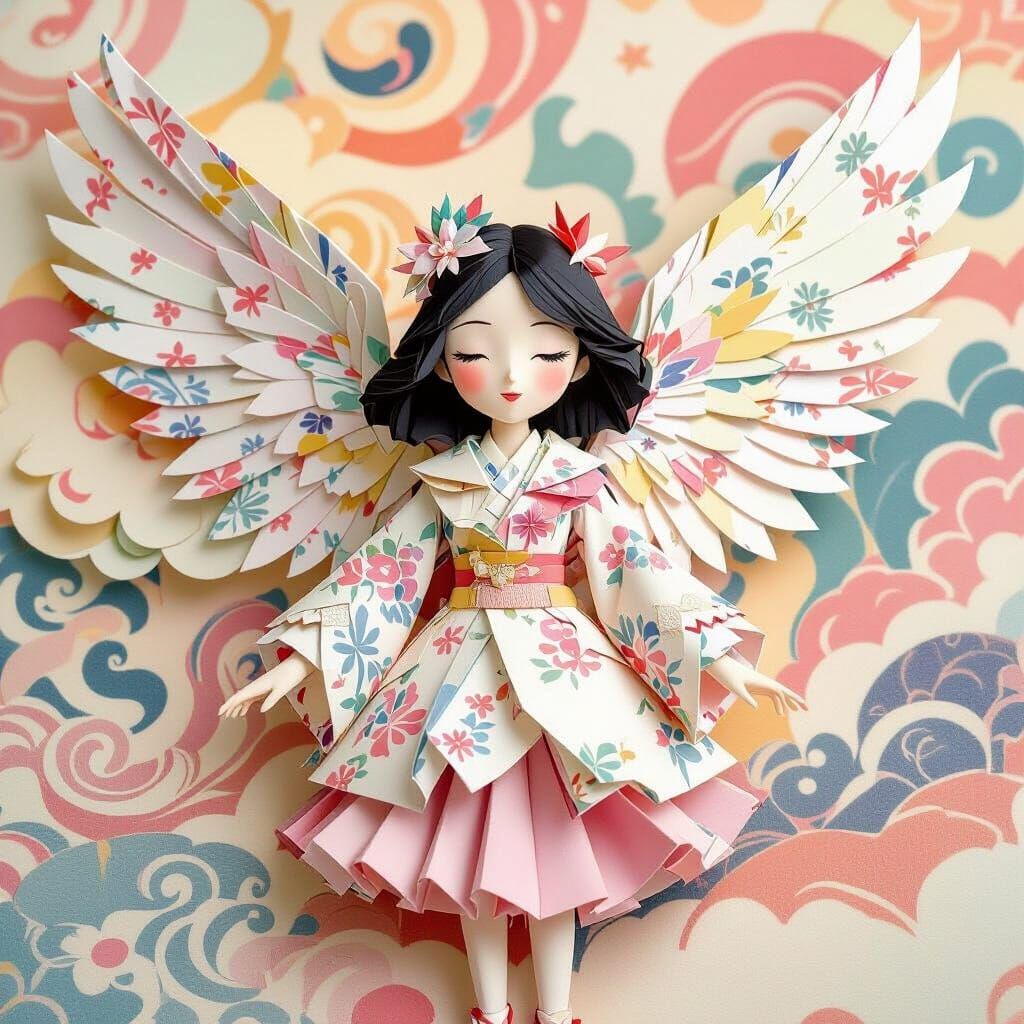 Intricate Origami Angels in Contemporary Surrealist Style