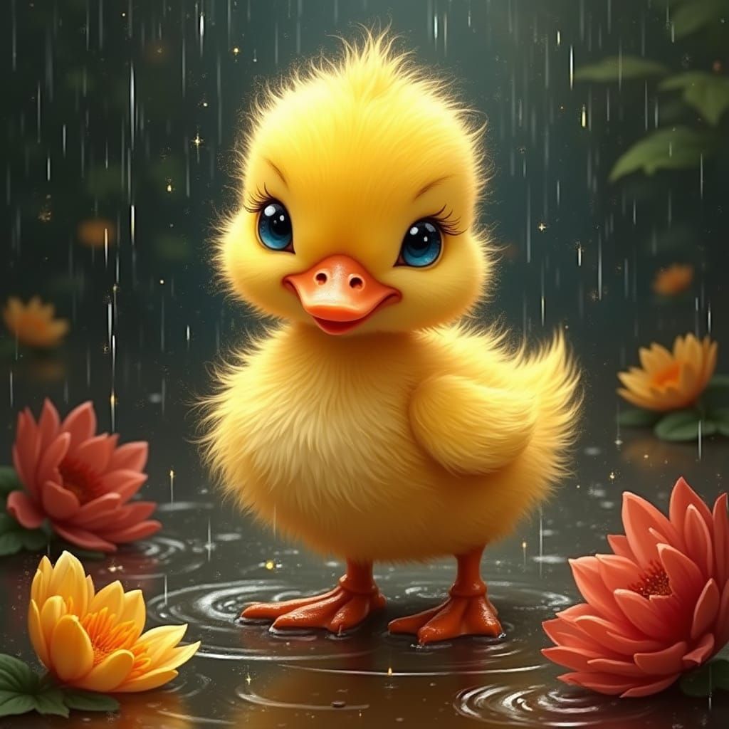 Fluffy Duckling in Rainy Garden, Digital Impasto Painting