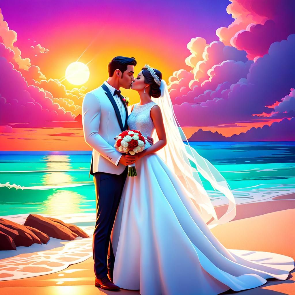 Beach Wedding Kiss: 3D Digital Art