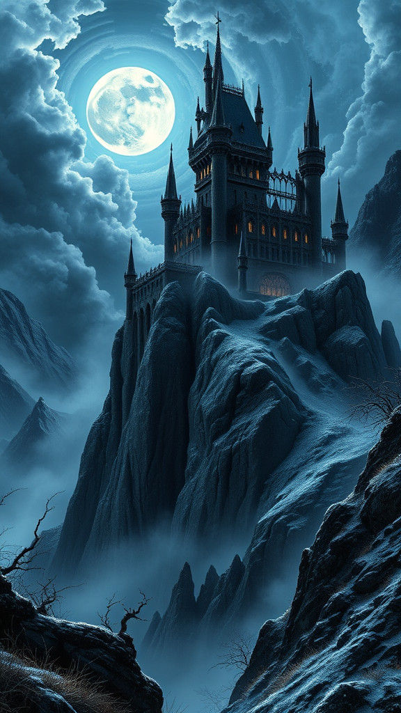 Gothic Fortress in Carpathian Mountains Under Moonlight