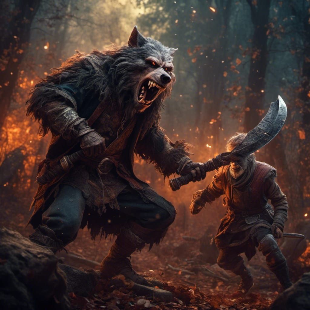 Bandit and Werewolf Battle in Hyperrealistic Style