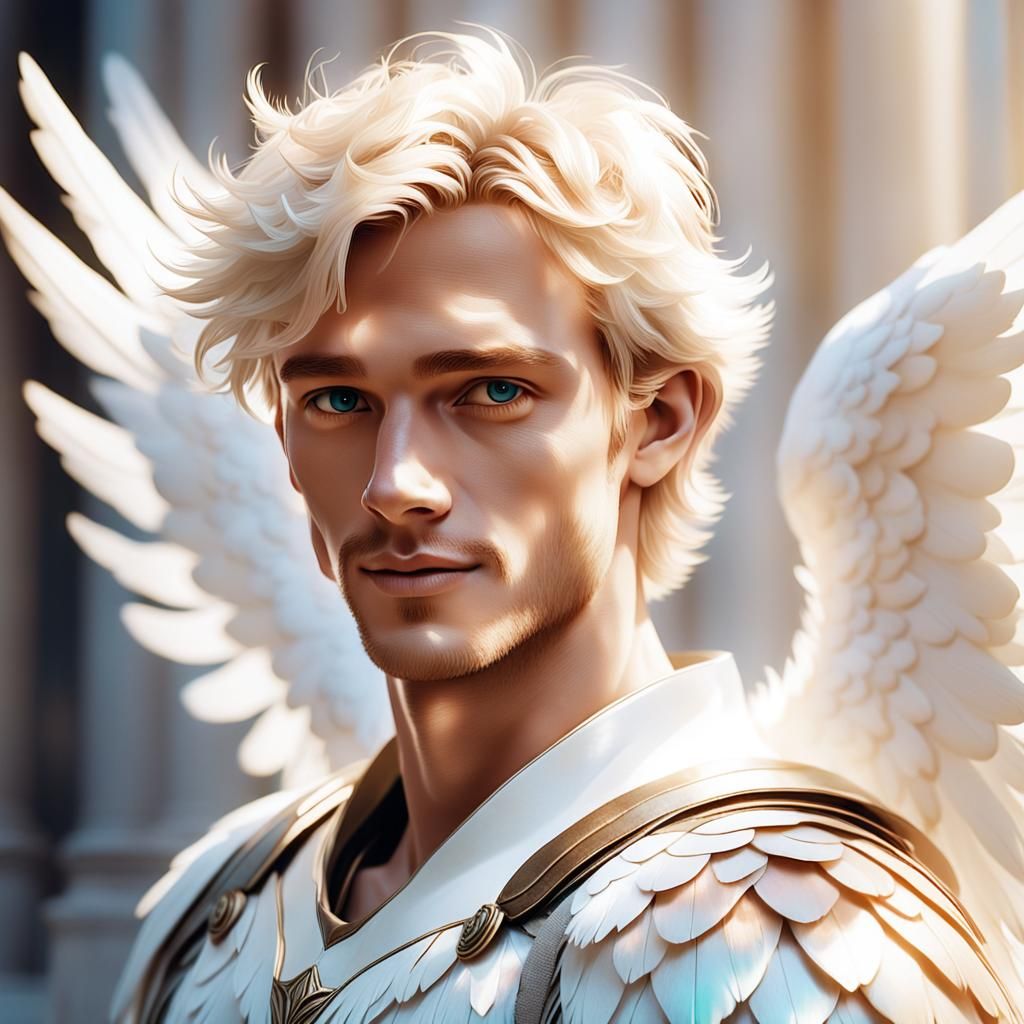 Young Angel Portrait with White Wings and Radiant Aura