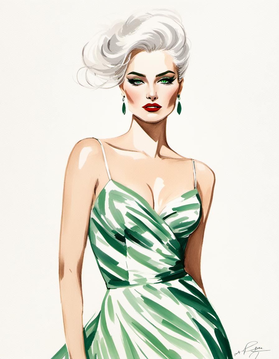 Elegant Fashion Illustration of a Girl in René Gruau Style