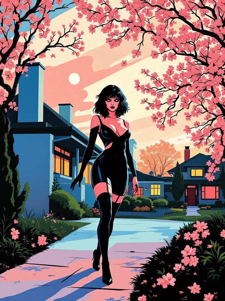 Suburban Gothic Noir: Pin-Up Figure in Geometric Garden