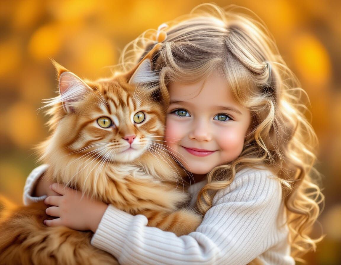 Girl Hugs Fluffy Cat Amidst Autumn Leaves