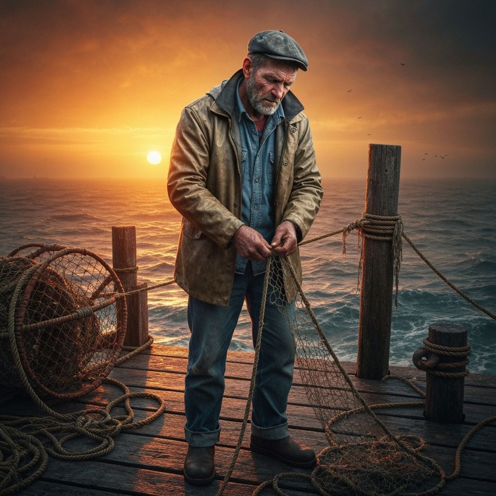 Weathered Fisherman Mending Nets at Sunset