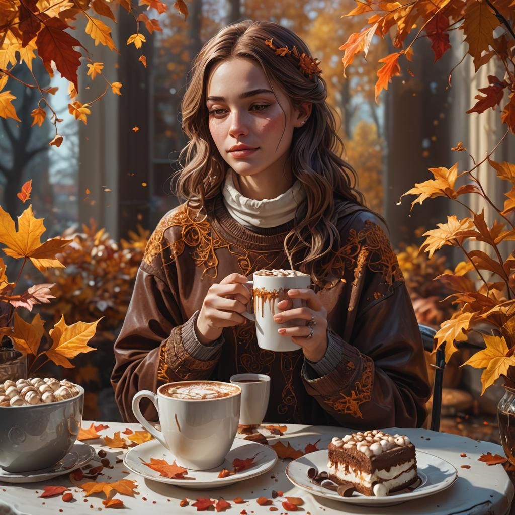 Autumn Cake with Woman: Hyperrealistic Splash Art