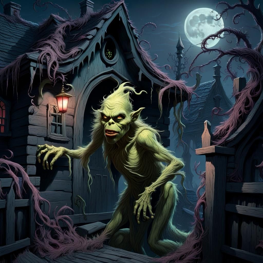A gothic ethereal Grinch, illuminated by the eerie glow of moonlight, glides through the haunted cottage.