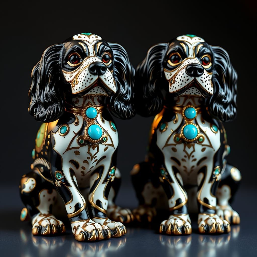 Enamelled Cocker Spaniel Figurines in Art Nouveau Style