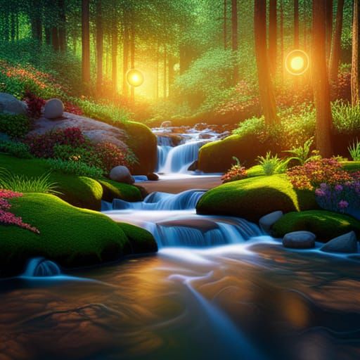 Vivid Blue Stream Through Forest in Folk Art Style