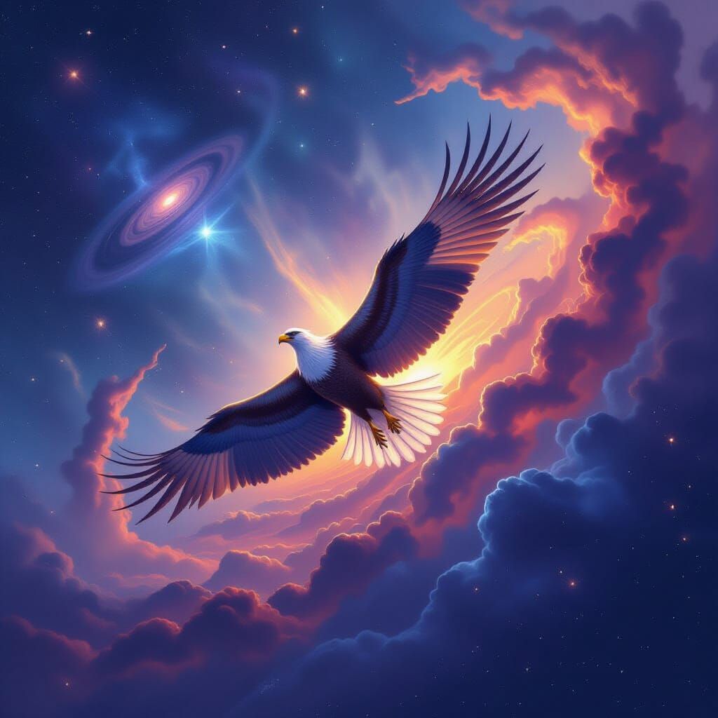 Cosmic Griffin Soaring Through a Nebula in Surreal Style