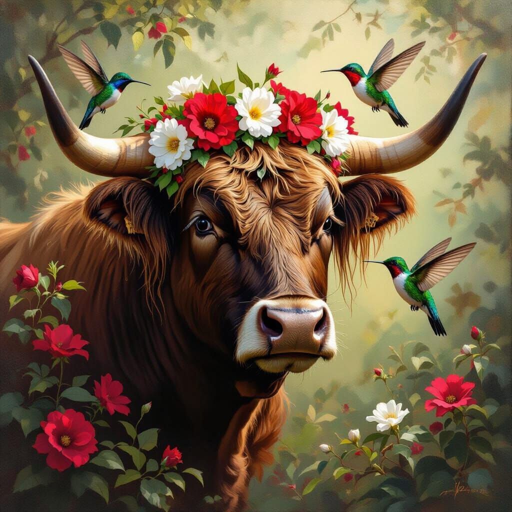 Brown Bull with Flowers and Hummingbirds, Oil Painting