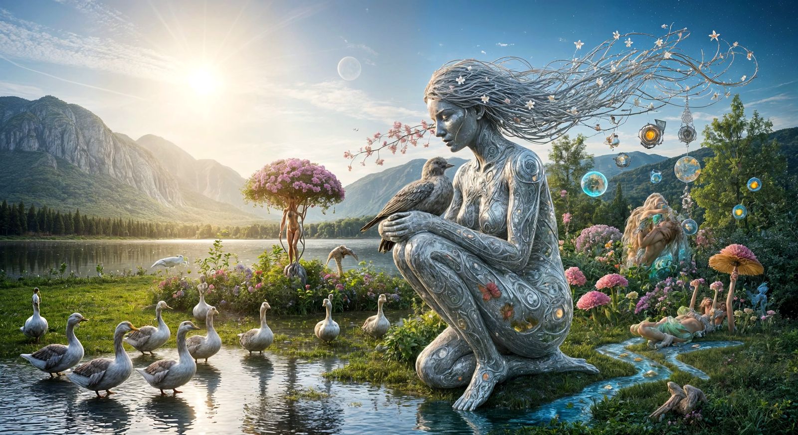 Surreal Bioart Sculpture of Woman and Bird Embracing