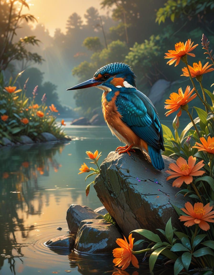 Kingfisher Perched by Lake in Golden Hour Lighting