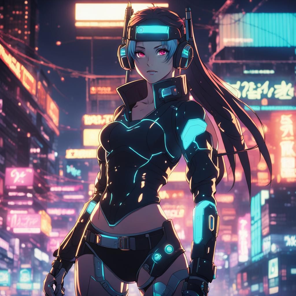 Gorgeous Cyberpunk Anime Girl in Cel-Shaded Style