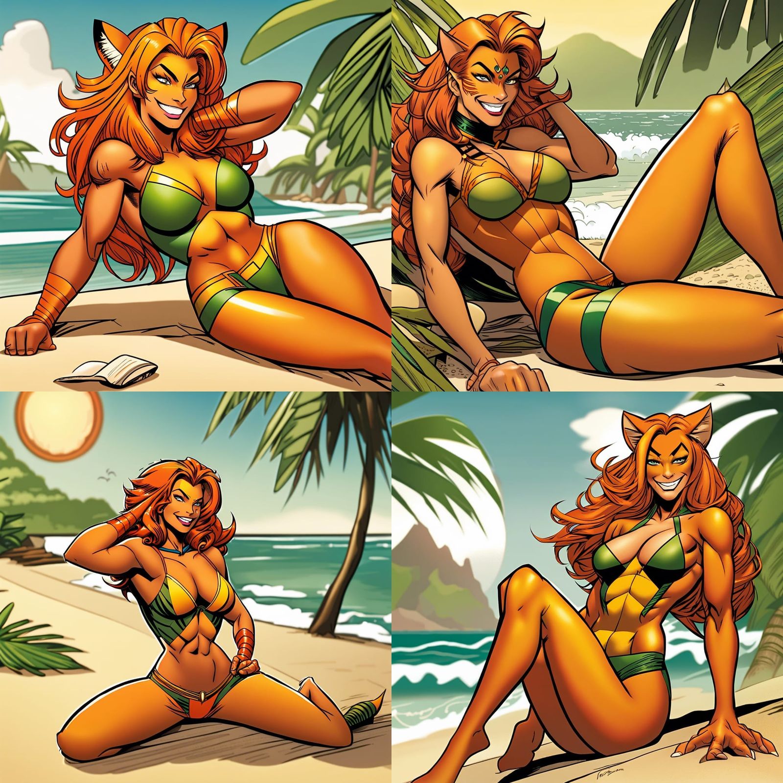 Marvel Comics female Superhero Tigra in a Bikini relaxing on an tropical Beach