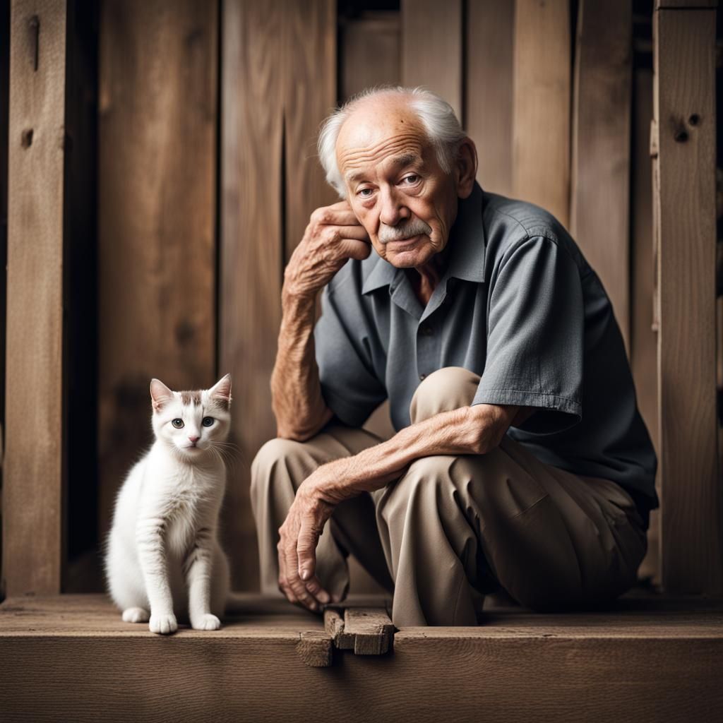 Lonely Old Man with Pets on Crate