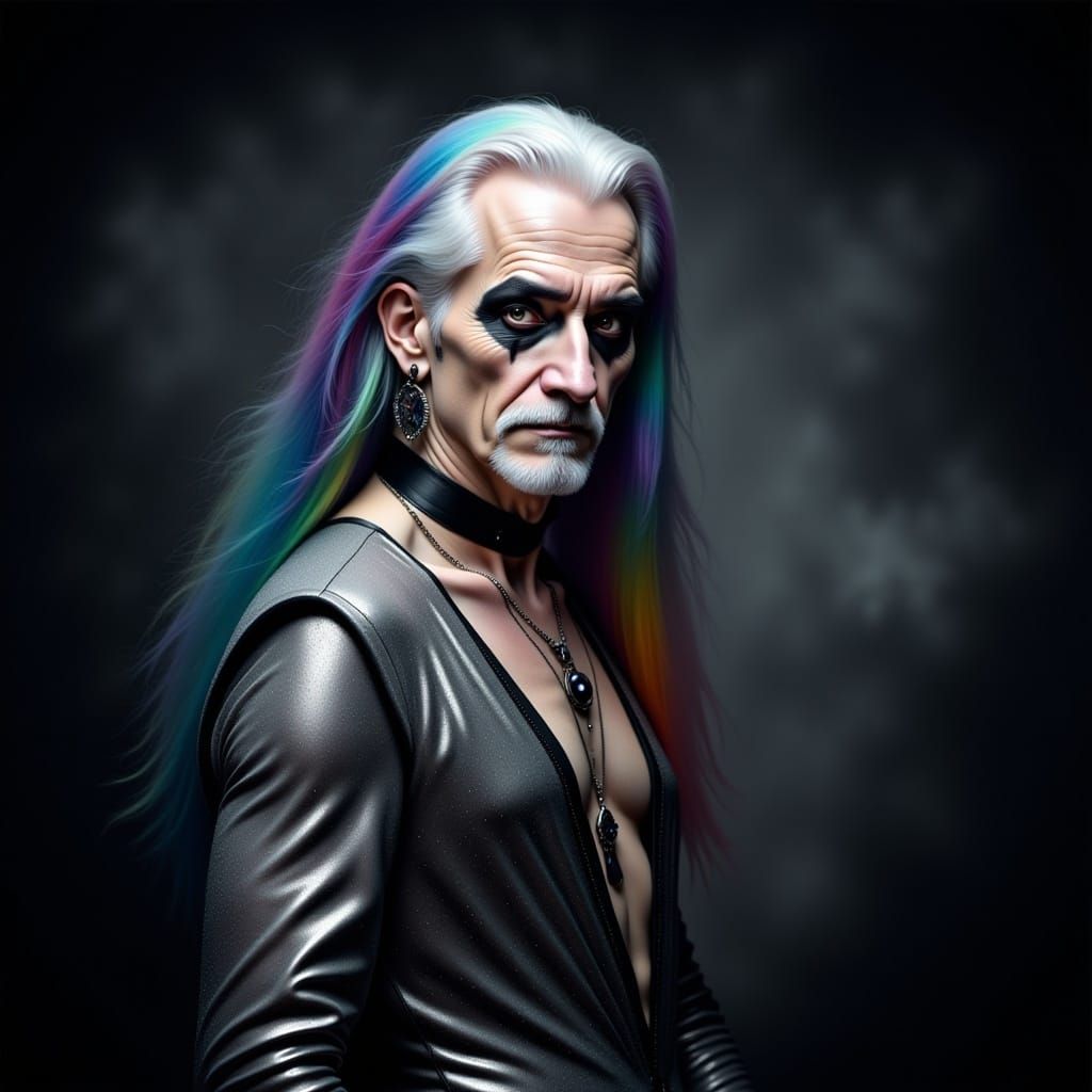 Elderly Man in Silver Gown with Rainbow Hair