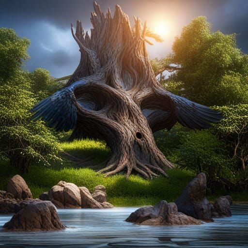 Birds and Giant Tree: Detailed Matte Painting