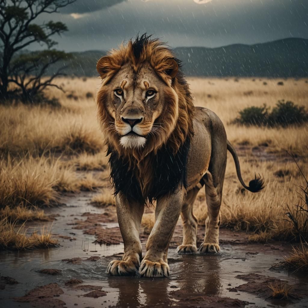 Lion in Stormy Savannah: Cinematic Film Still