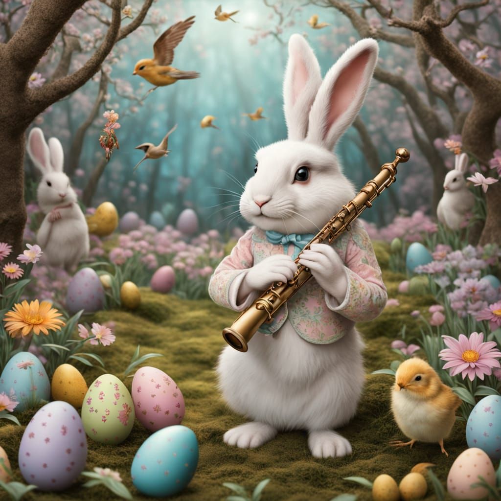 Whimsical Easter Bunny Musician in Enchanted Grove