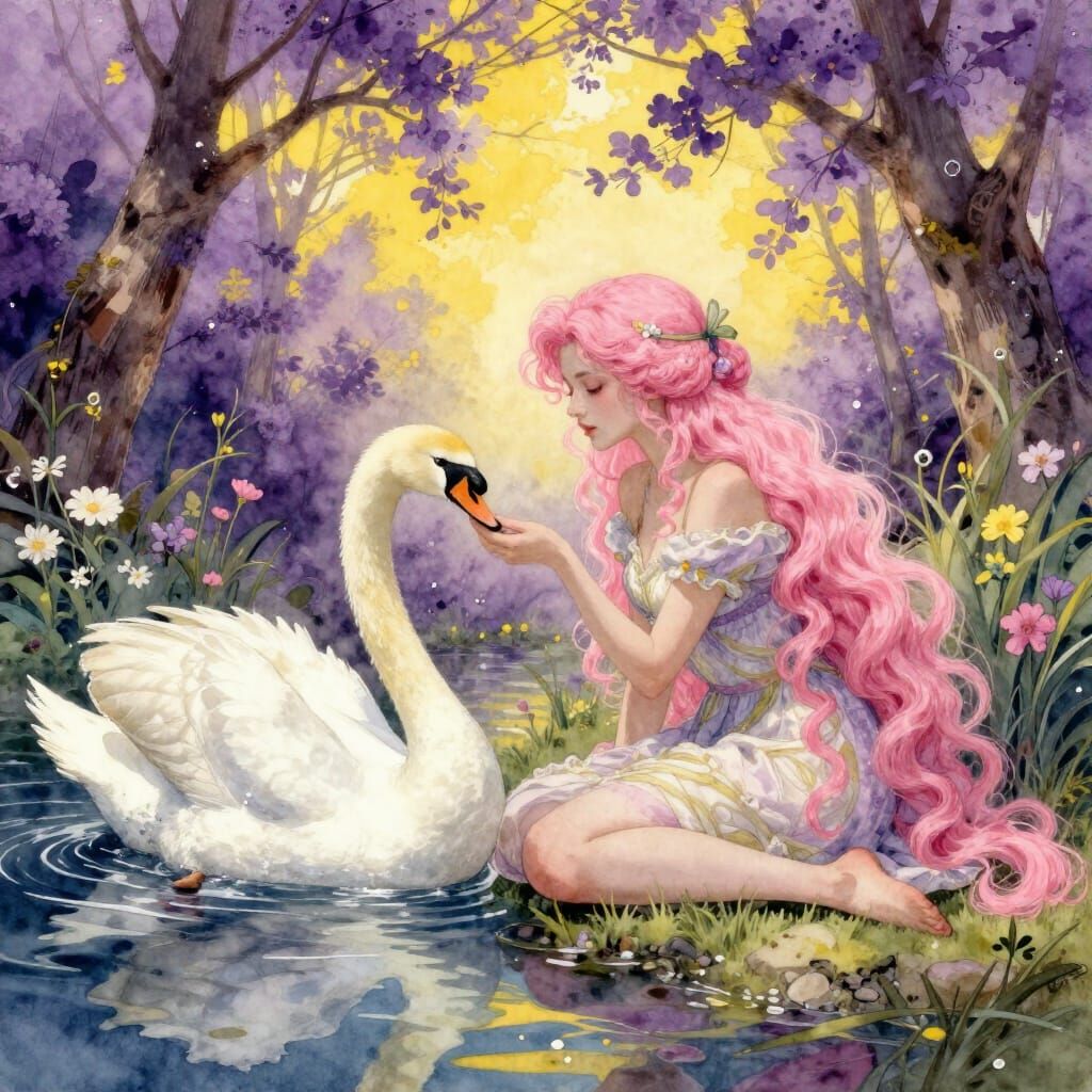 Pink Haired Woman and Swan in Spring Garden Watercolor