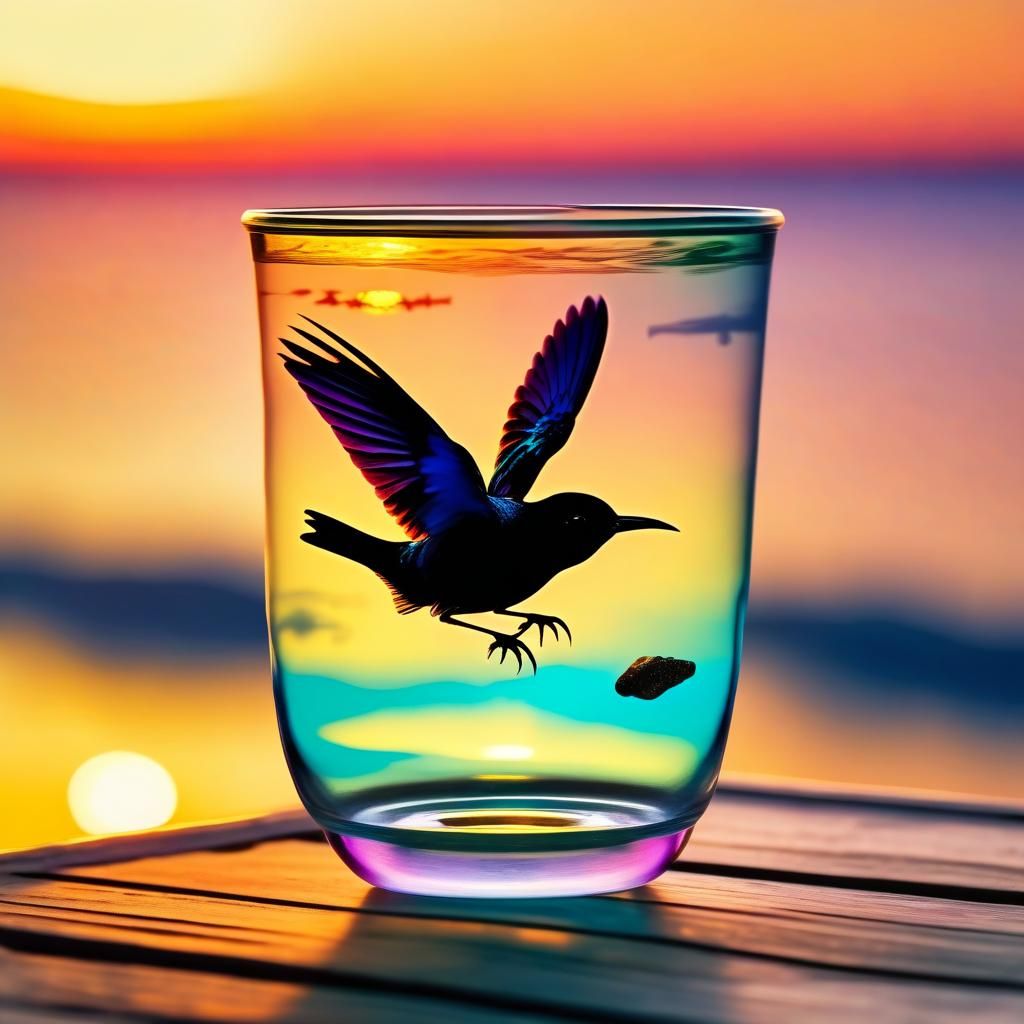 Colorful Bird in Glass Cup at Sunset