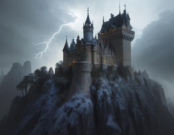 Owl on Stormy Castle Tower, Digital Painting