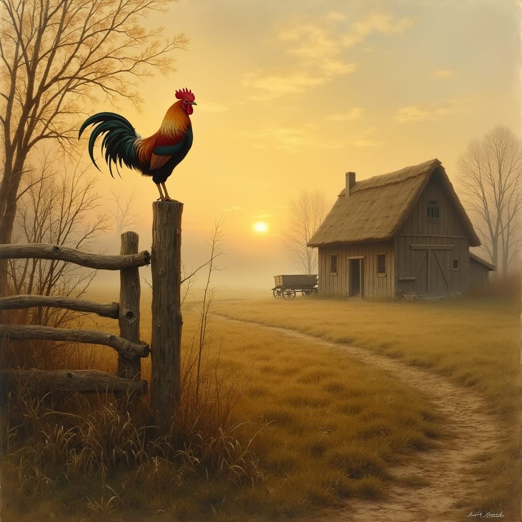 Sunrise Farmstead with Rooster and Mist