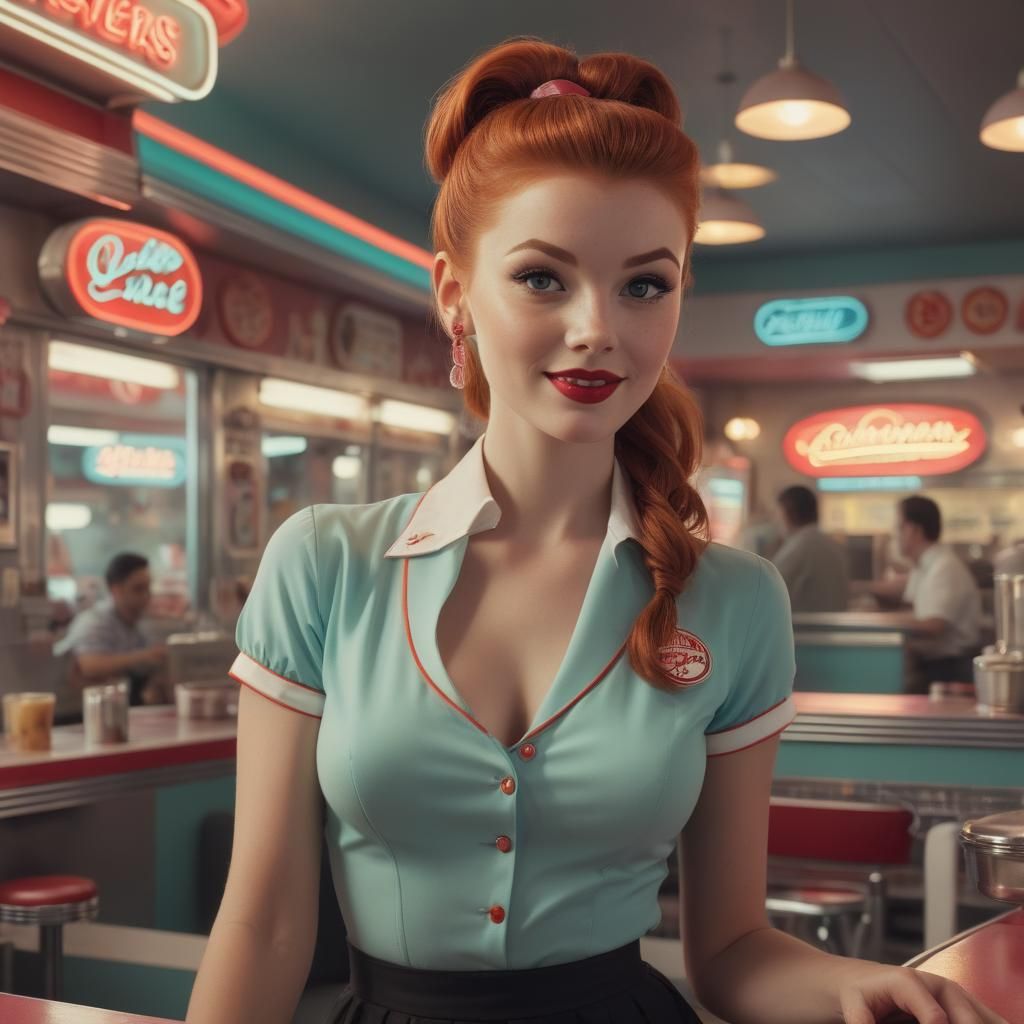 Redhead Waitress in a Retro 50s Diner