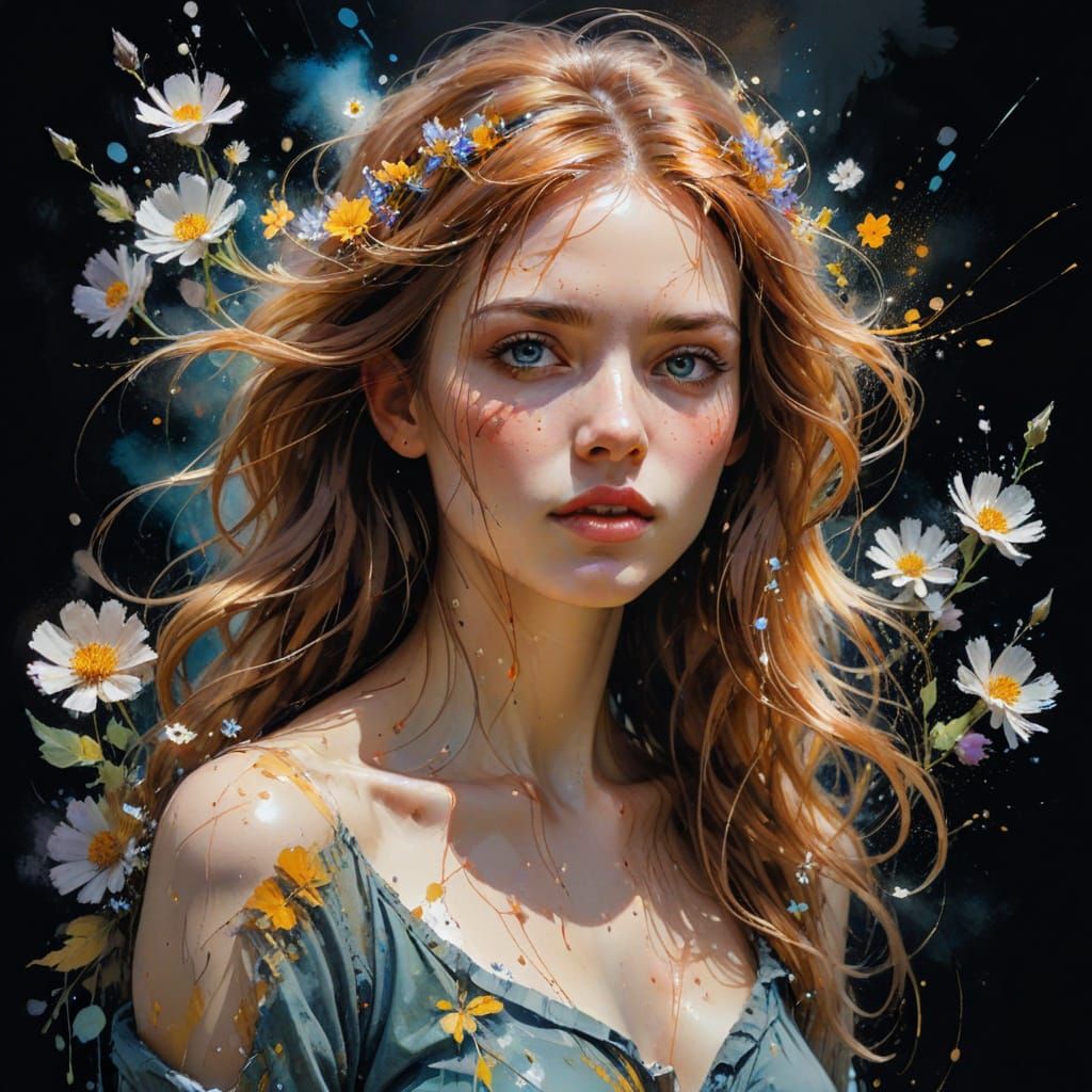 Ethereal Girl in Flower Field, Watercolor Splash Art