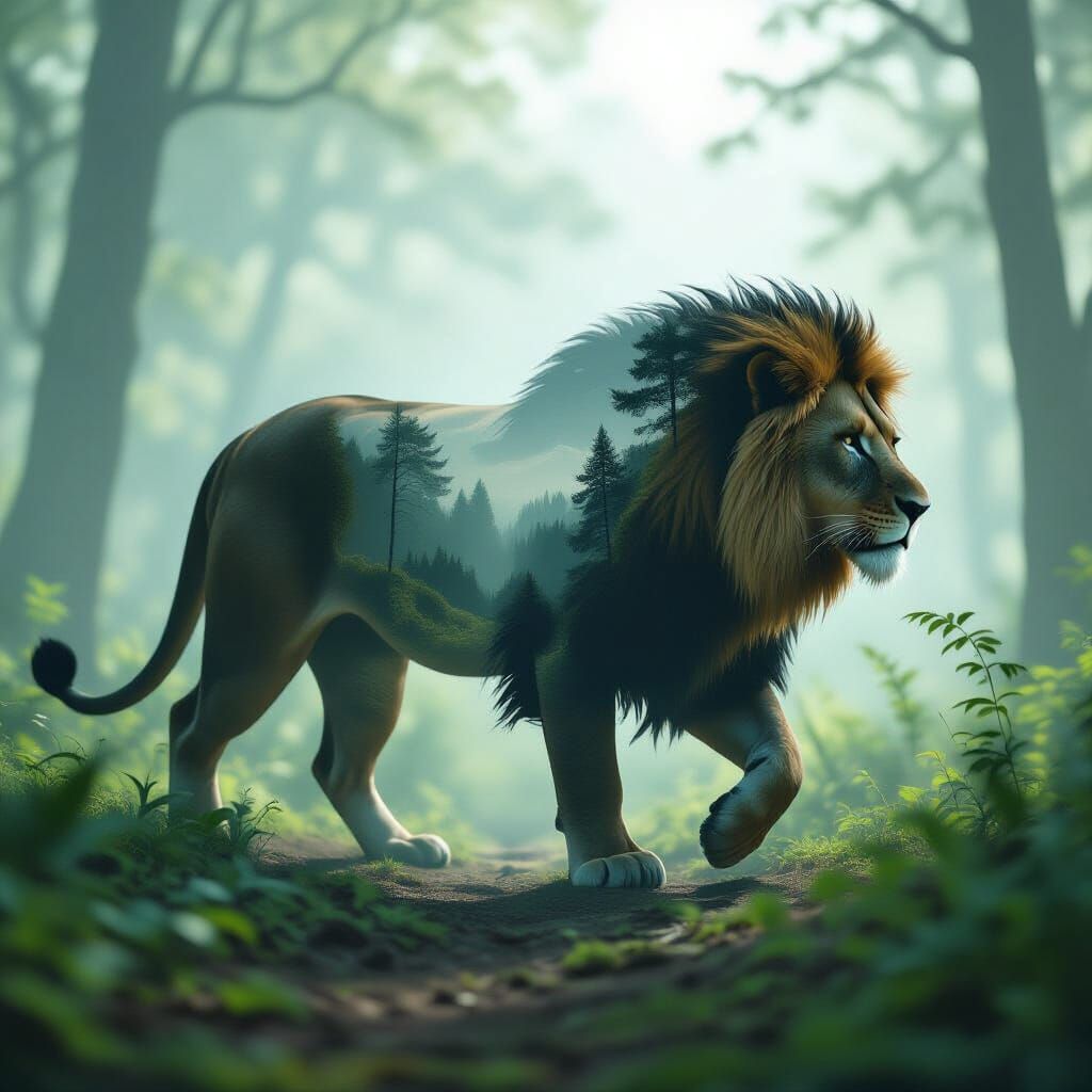 Lion Silhouette in Forest: Double Exposure Animation