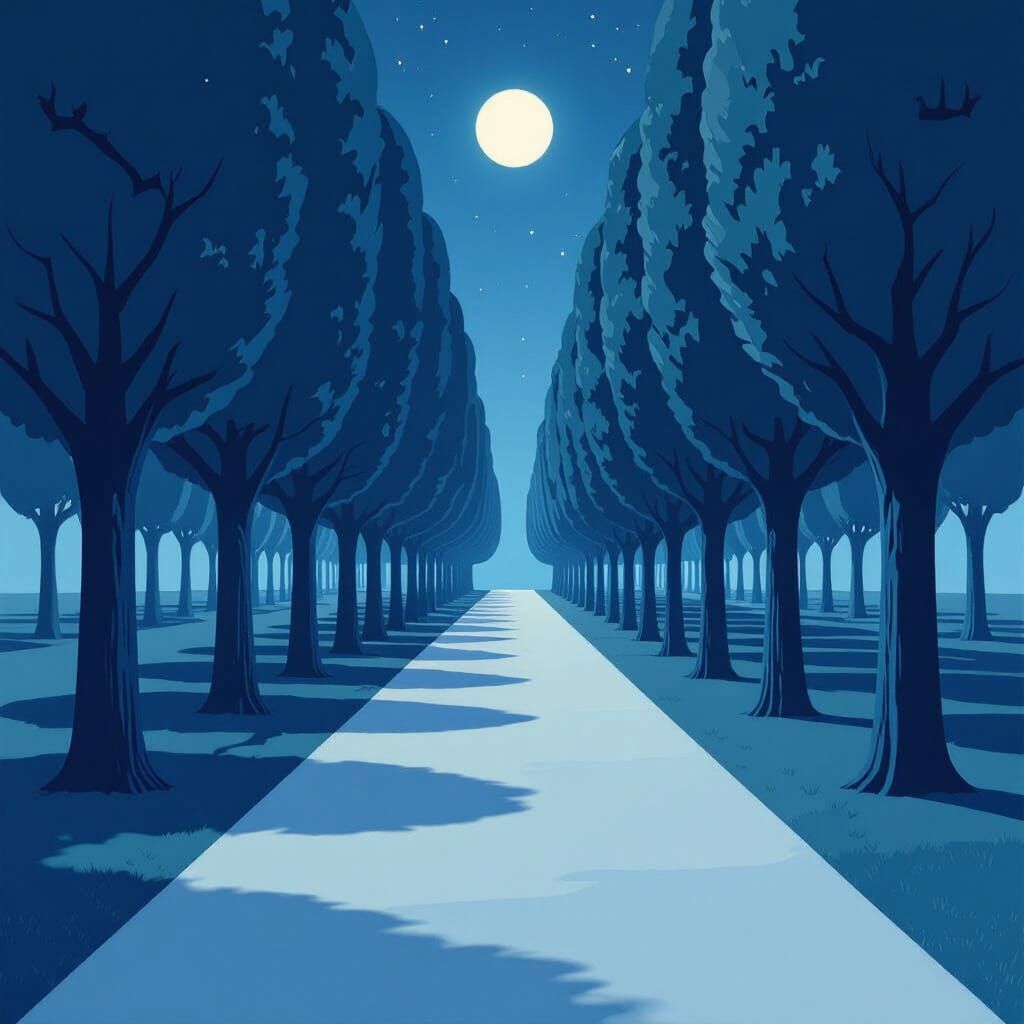 Surreal Night Pathway Through Repeating Populus Trees