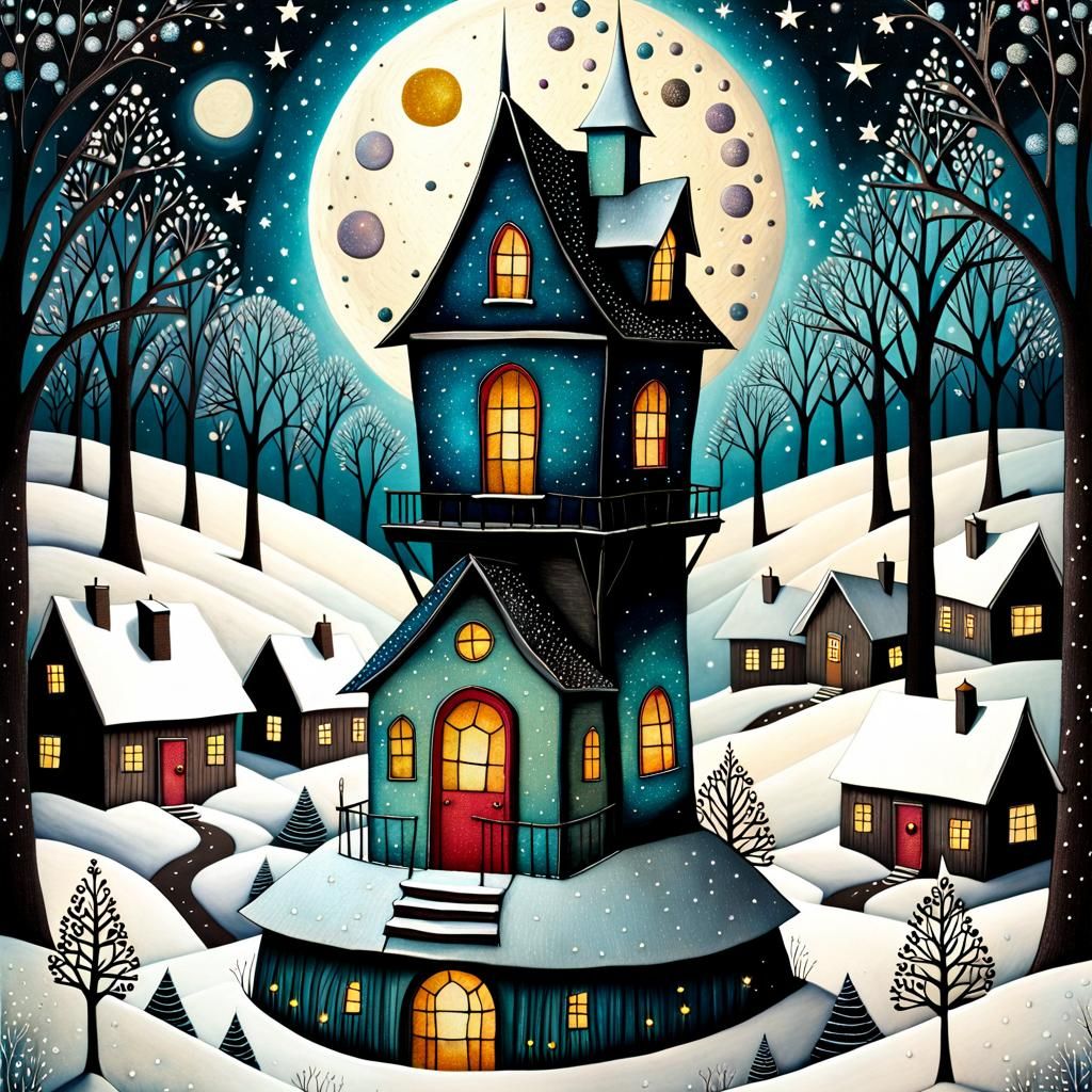 Winter Moonscape House in Art Brut Style