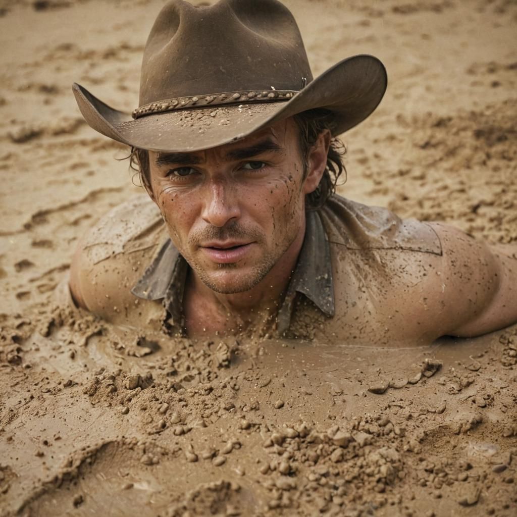 Cowboy Sinking in Quicksand: Western Film Still